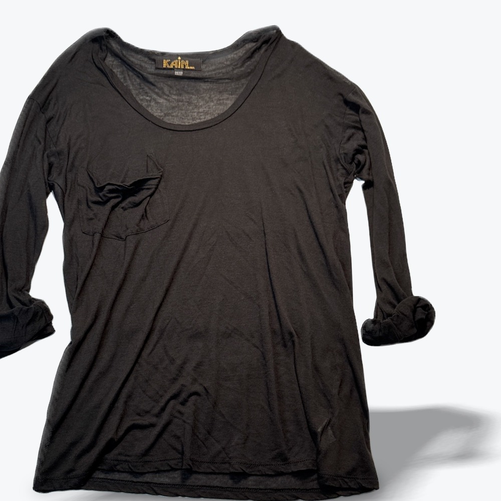 Kain Label Long Sleeve Pocket Tee Cuffed Black Modal Silk Scoop Neck One Size OS